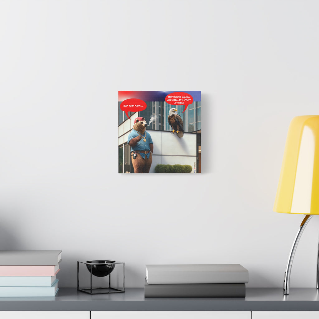 Canvas Wall Art — Humorous Bear & Eagle Comic Scene ('RIP Toby Keith... Bet they're having one hell of a party up there')