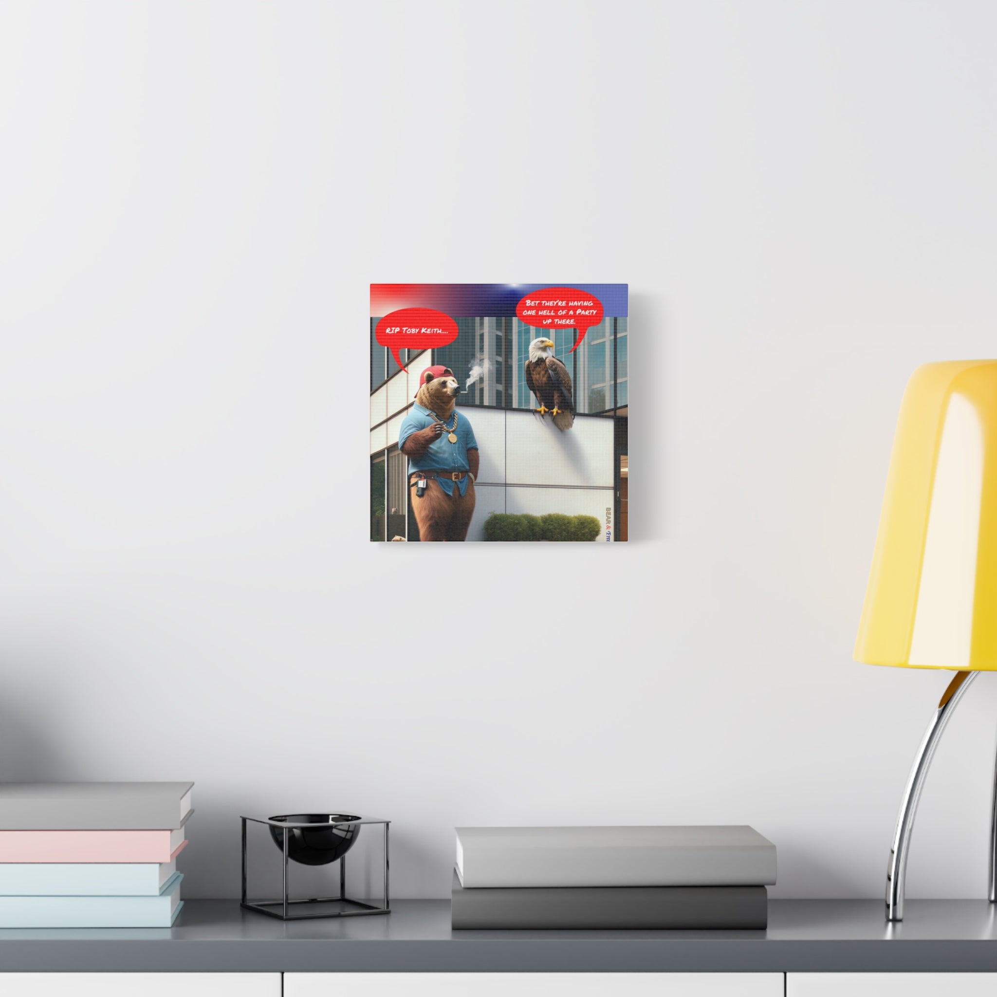 Canvas Wall Art — Humorous Bear & Eagle Comic Scene ('RIP Toby Keith... Bet they're having one hell of a party up there')