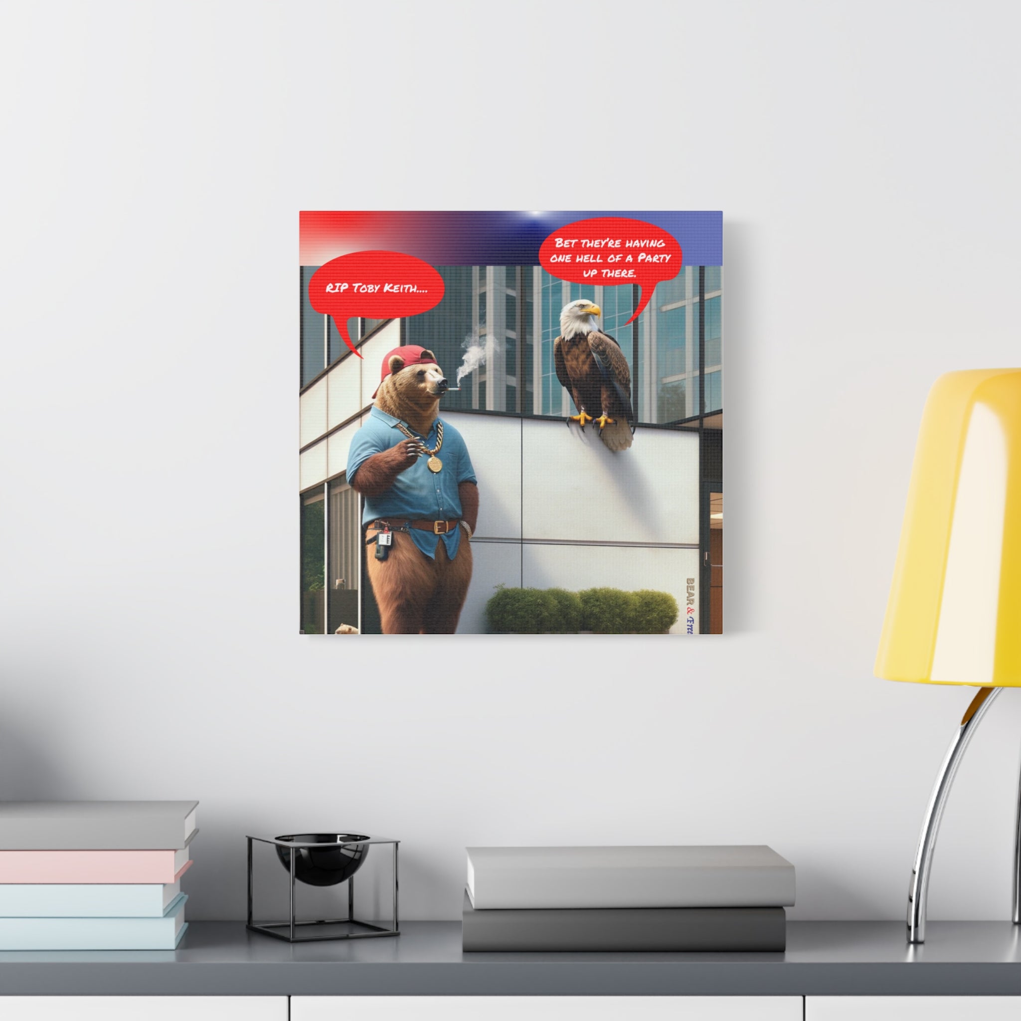 Canvas Wall Art — Humorous Bear & Eagle Comic Scene ('RIP Toby Keith... Bet they're having one hell of a party up there')