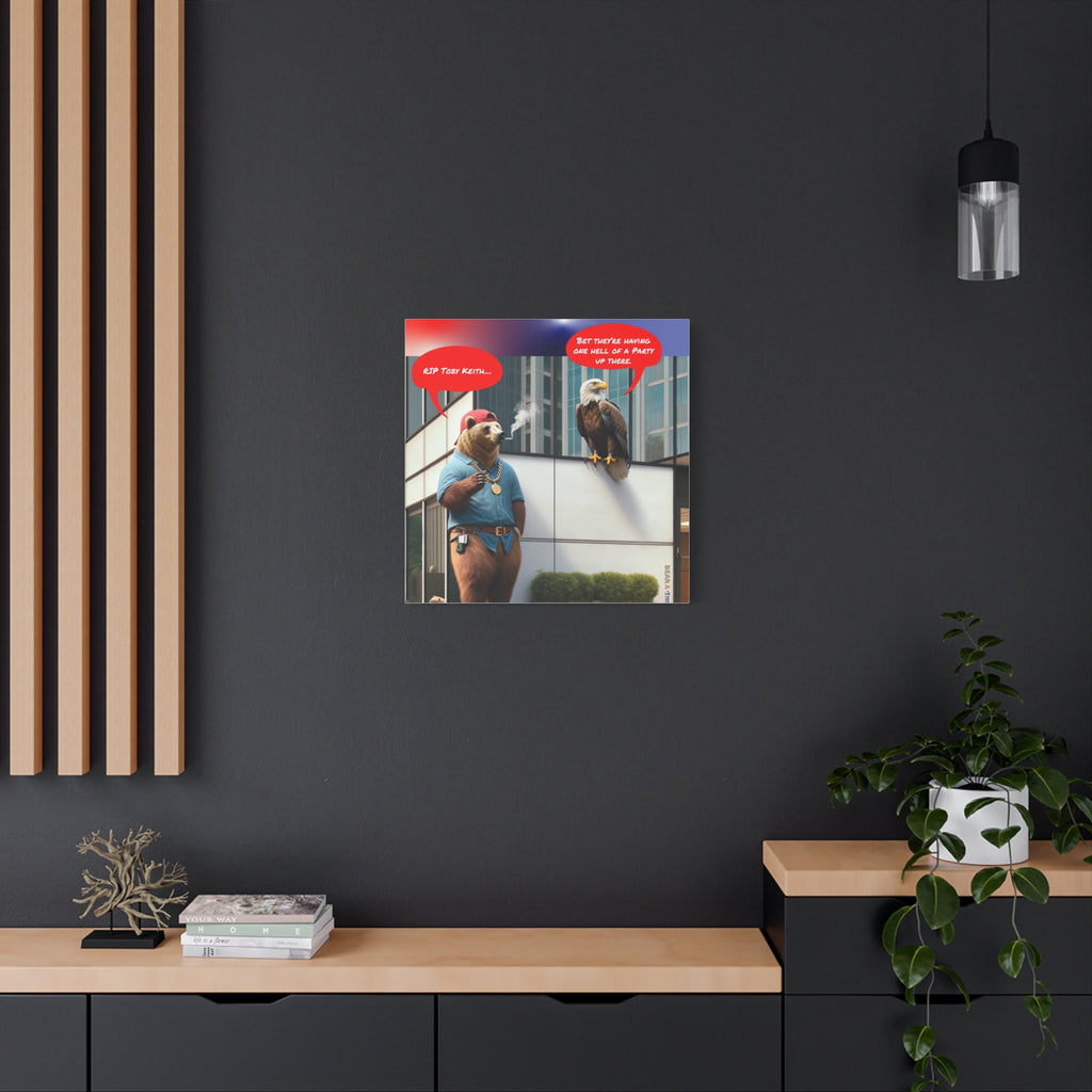 Canvas Wall Art — Humorous Bear & Eagle Comic Scene ('RIP Toby Keith... Bet they're having one hell of a party up there')