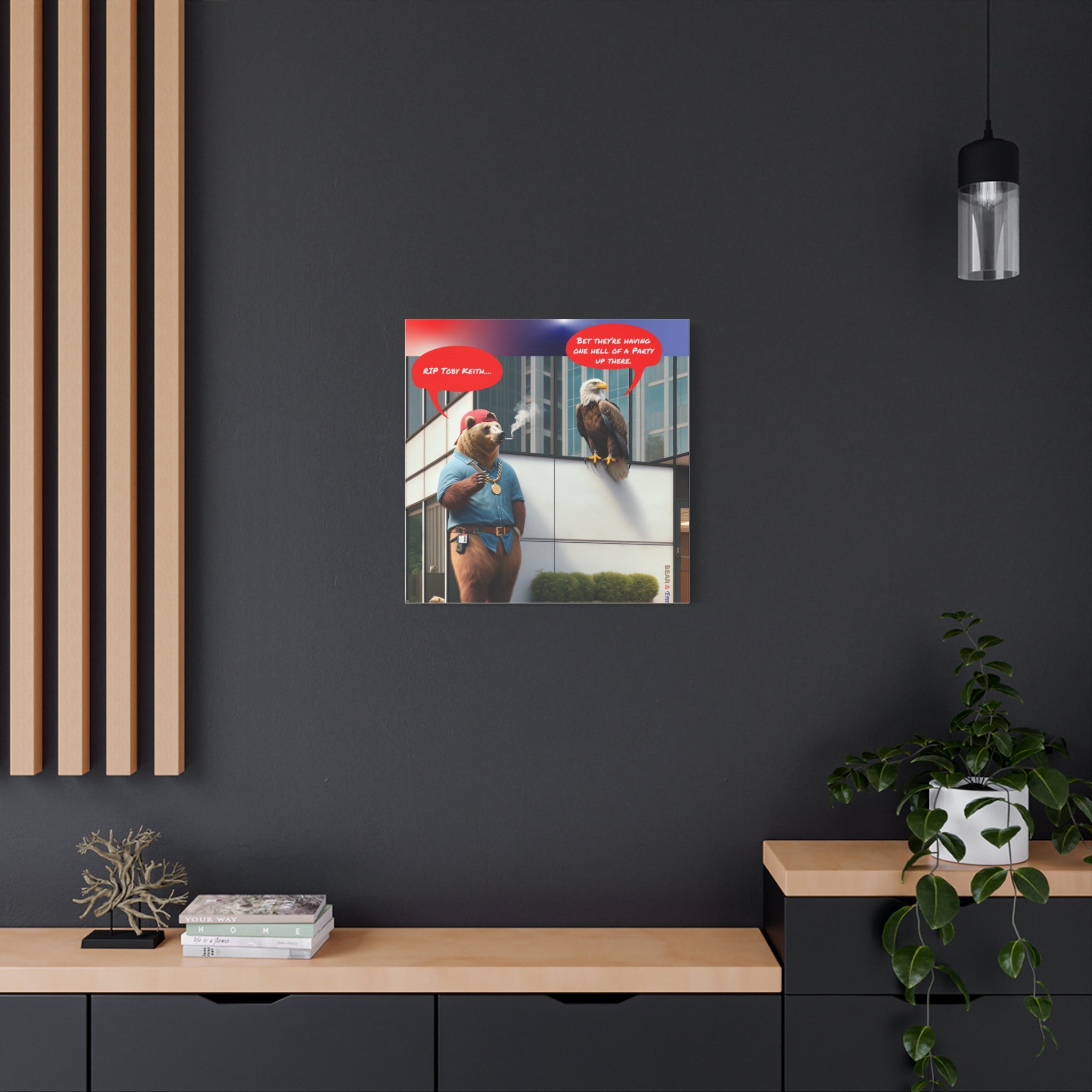 Canvas Wall Art — Humorous Bear & Eagle Comic Scene ('RIP Toby Keith... Bet they're having one hell of a party up there')