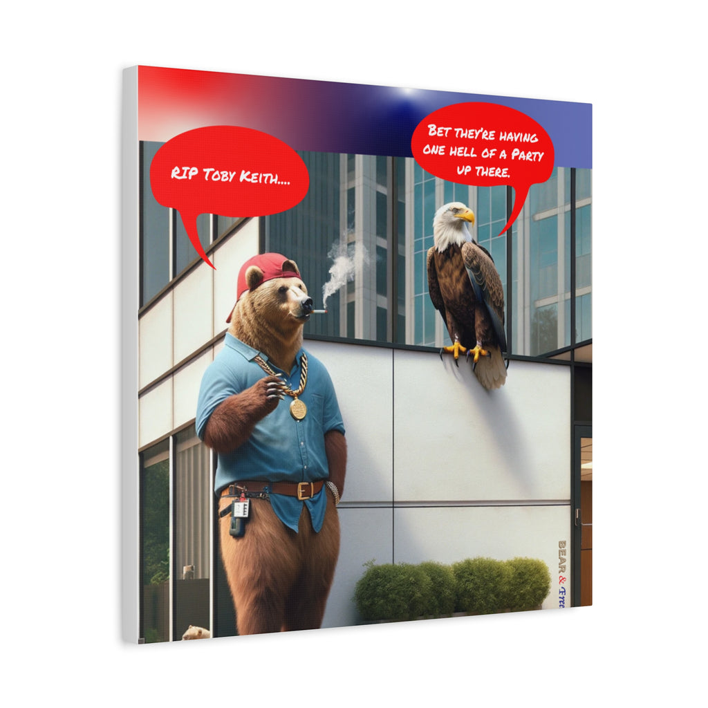 Canvas Wall Art — Humorous Bear & Eagle Comic Scene ('RIP Toby Keith... Bet they're having one hell of a party up there')