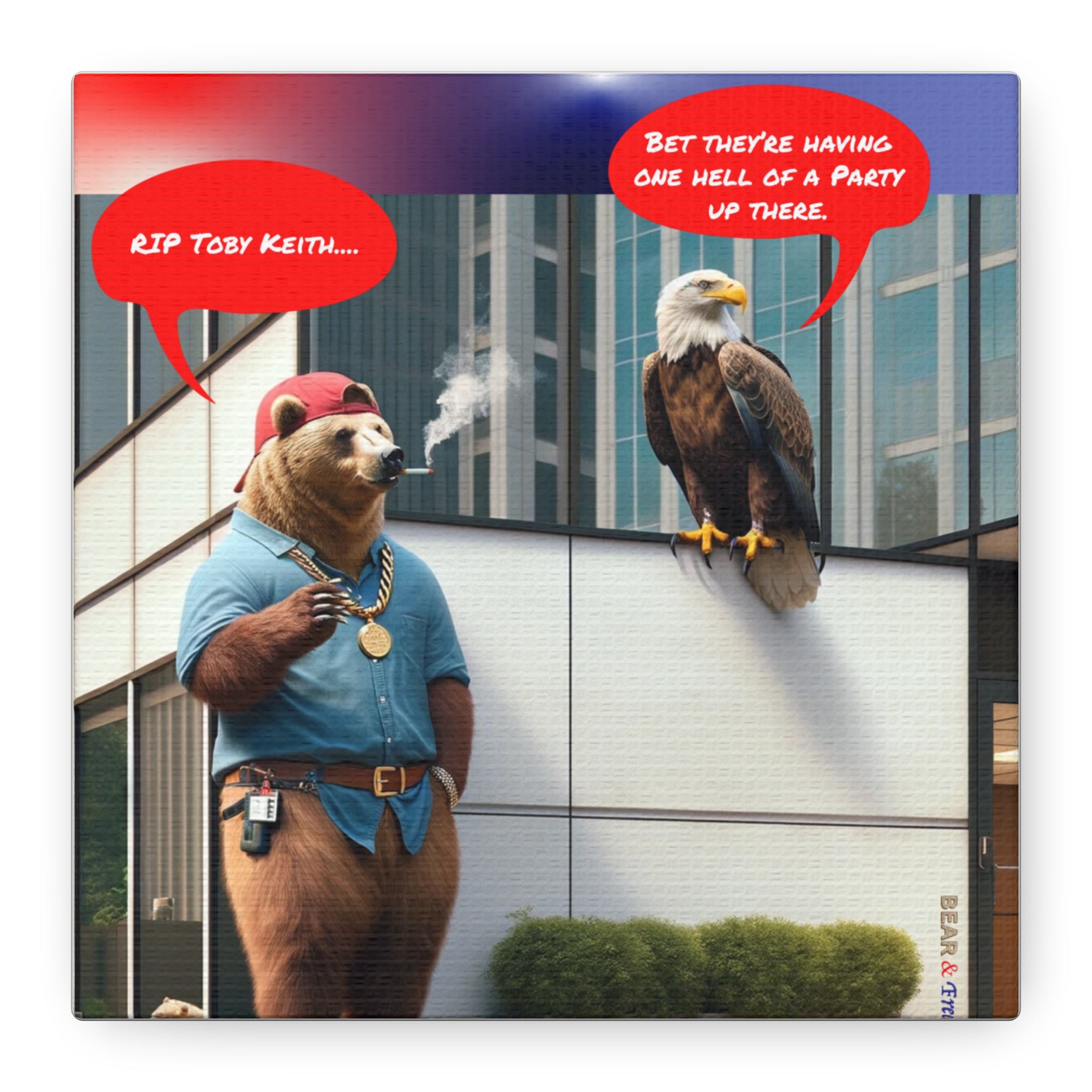 Canvas Wall Art — Humorous Bear & Eagle Comic Scene ('RIP Toby Keith... Bet they're having one hell of a party up there')