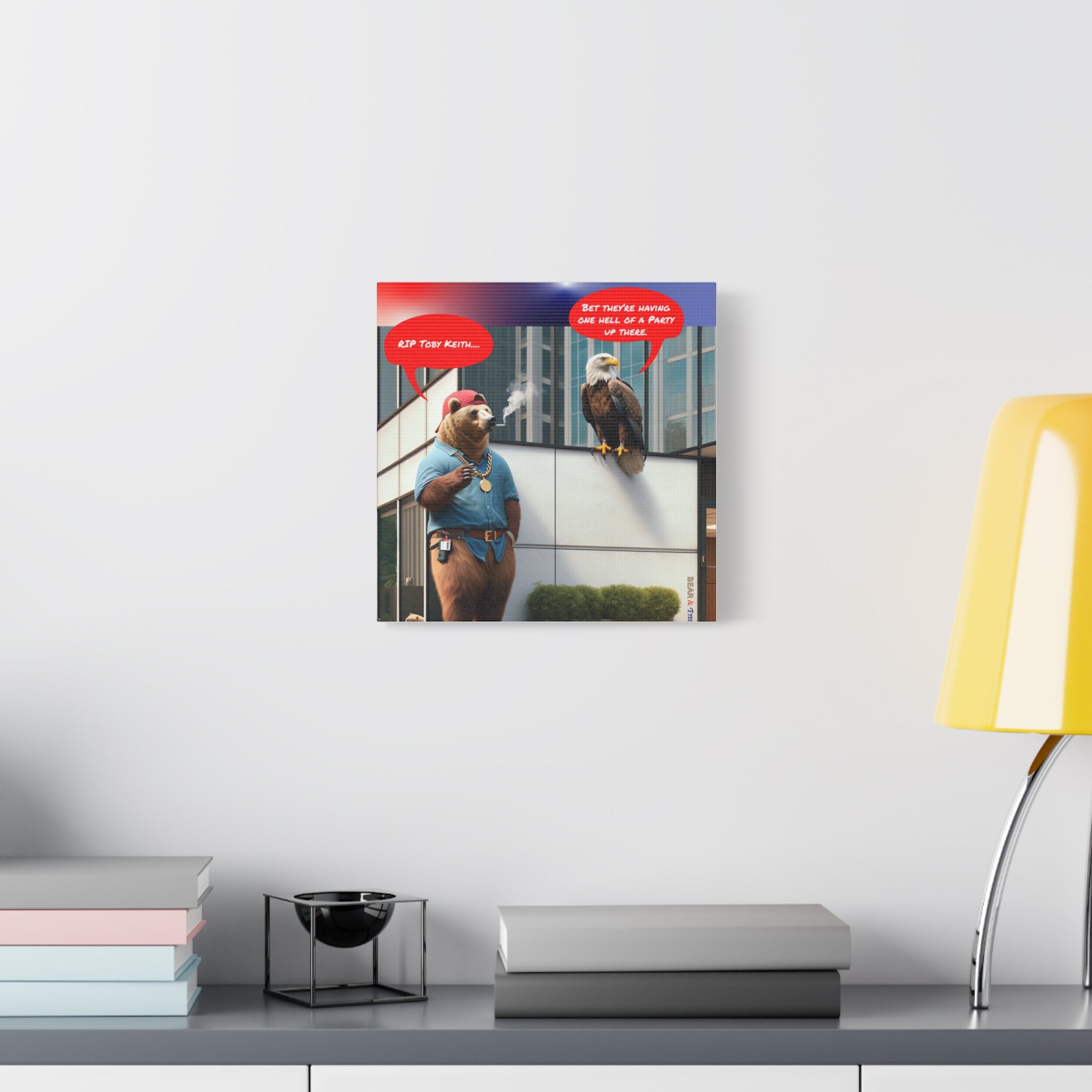 Canvas Wall Art — Humorous Bear & Eagle Comic Scene ('RIP Toby Keith... Bet they're having one hell of a party up there')