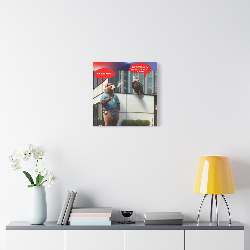 Canvas Wall Art — Humorous Bear & Eagle Comic Scene ('RIP Toby Keith... Bet they're having one hell of a party up there')
