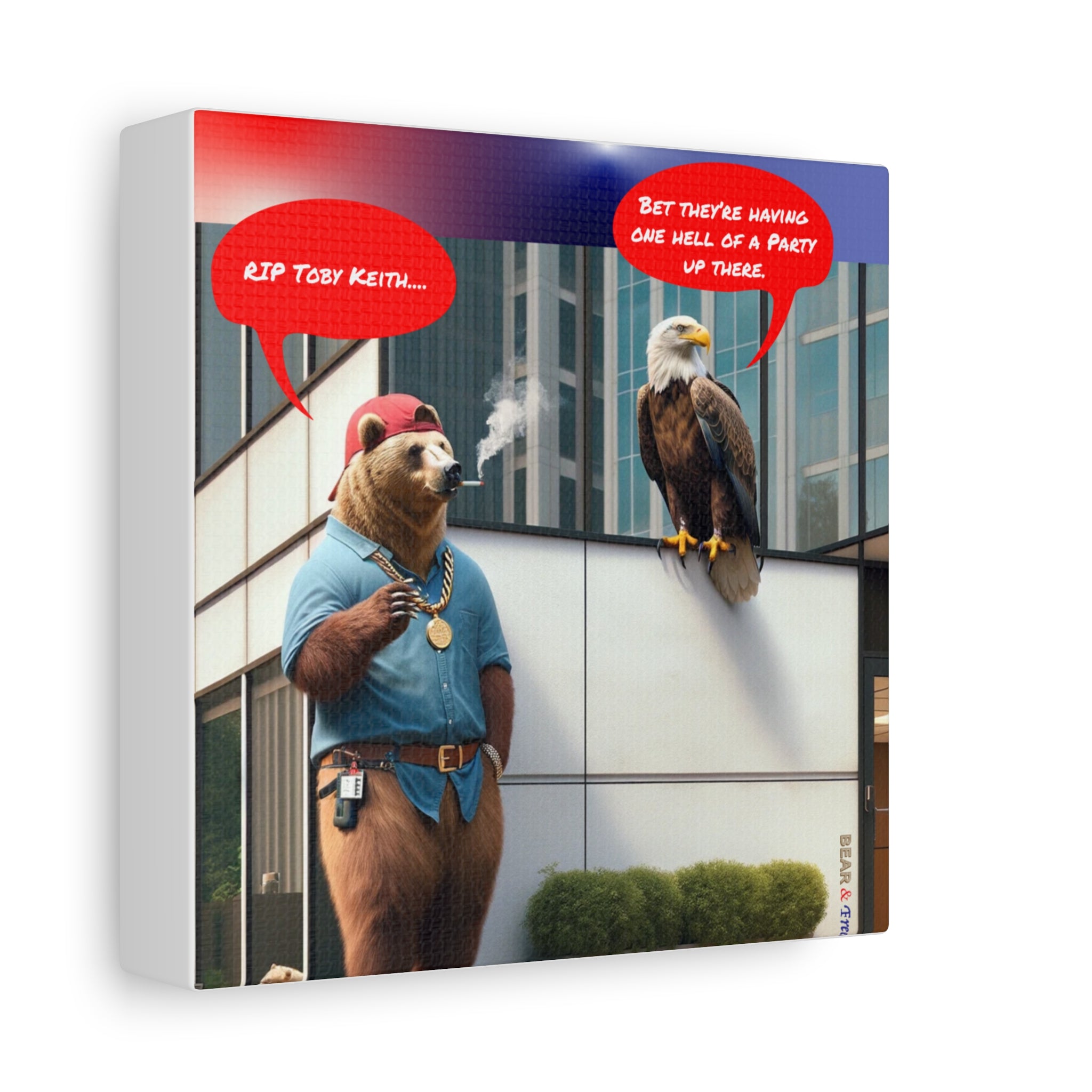 Canvas Wall Art — Humorous Bear & Eagle Comic Scene ('RIP Toby Keith... Bet they're having one hell of a party up there')