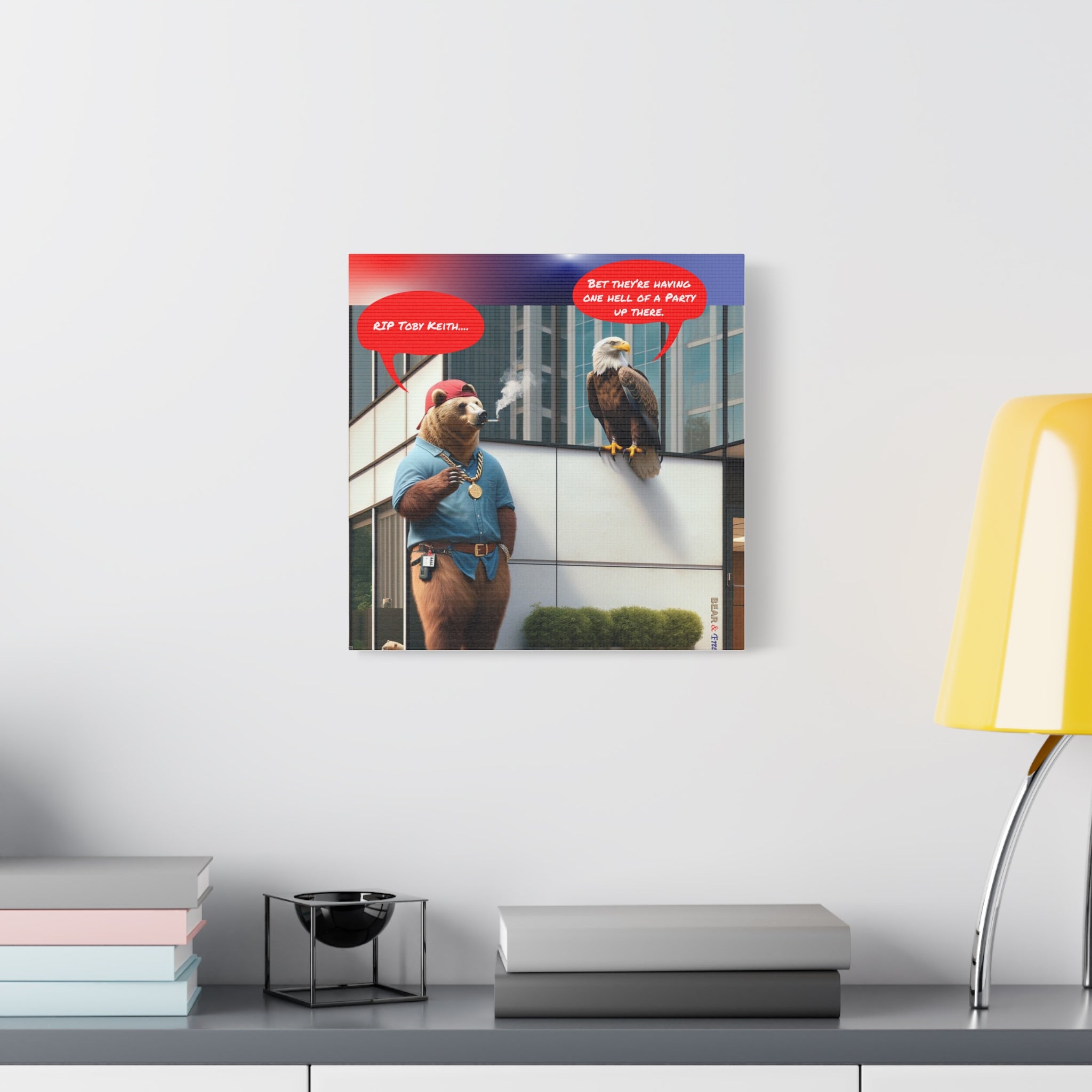 Canvas Wall Art — Humorous Bear & Eagle Comic Scene ('RIP Toby Keith... Bet they're having one hell of a party up there')