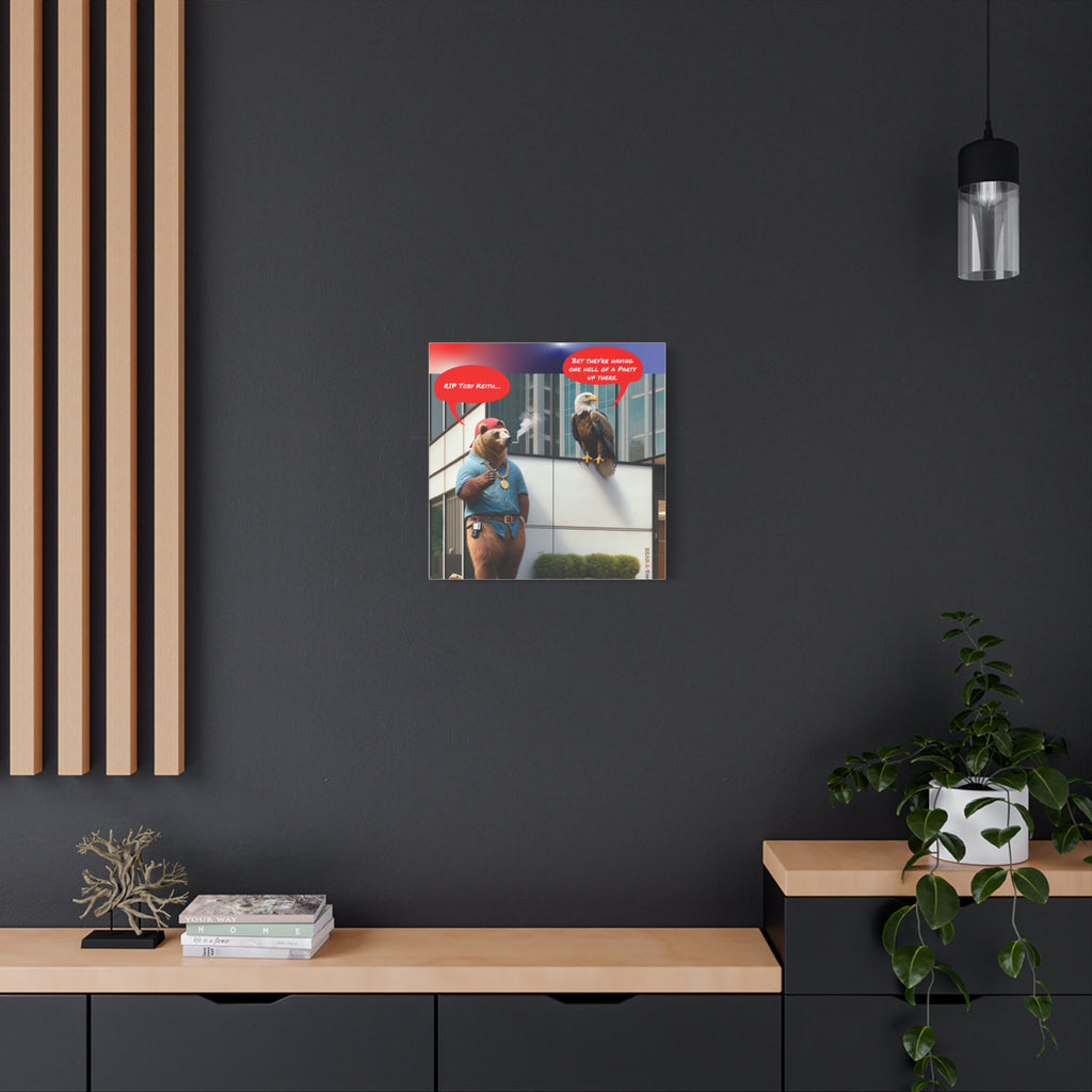 Canvas Wall Art — Humorous Bear & Eagle Comic Scene ('RIP Toby Keith... Bet they're having one hell of a party up there')