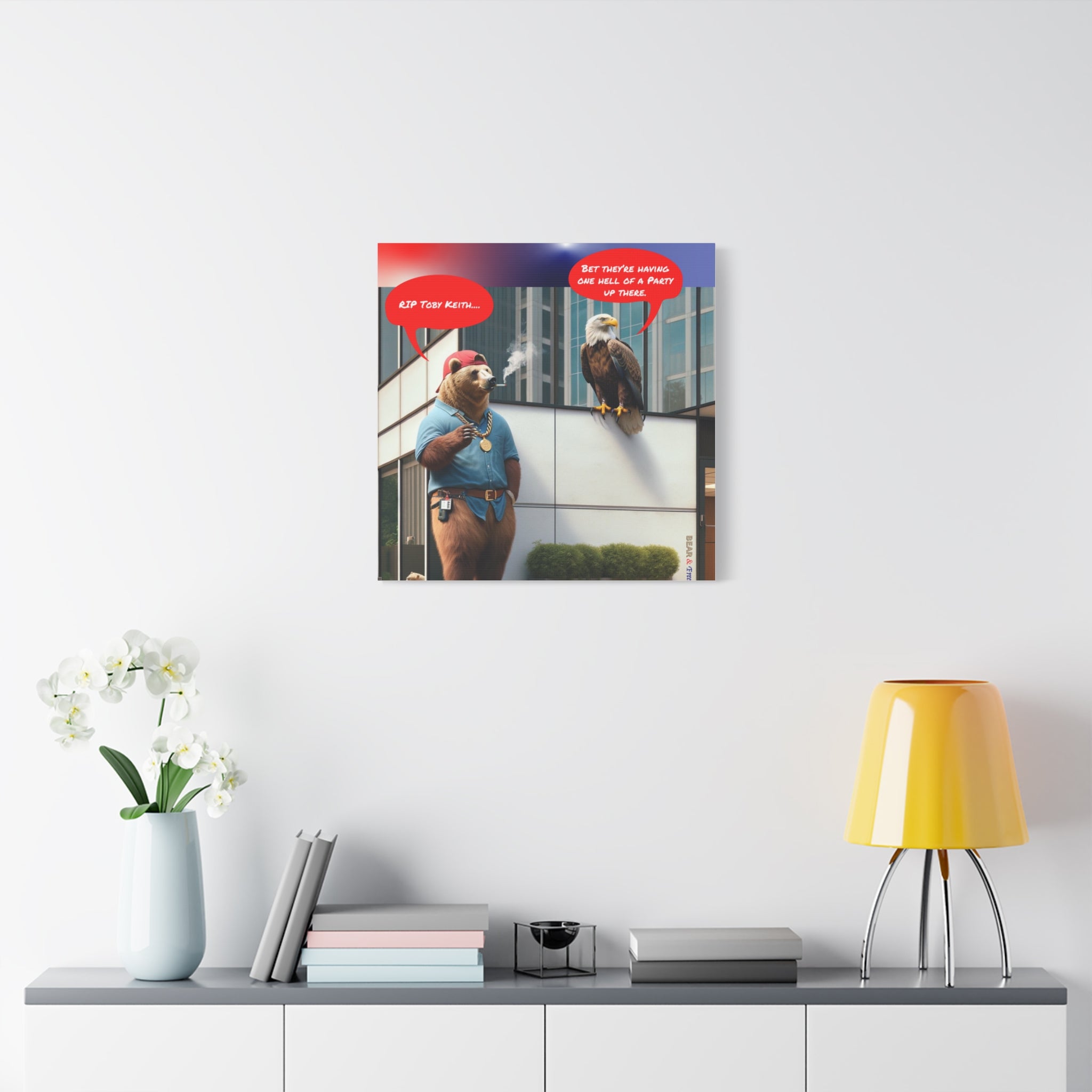 Canvas Wall Art — Humorous Bear & Eagle Comic Scene ('RIP Toby Keith... Bet they're having one hell of a party up there')