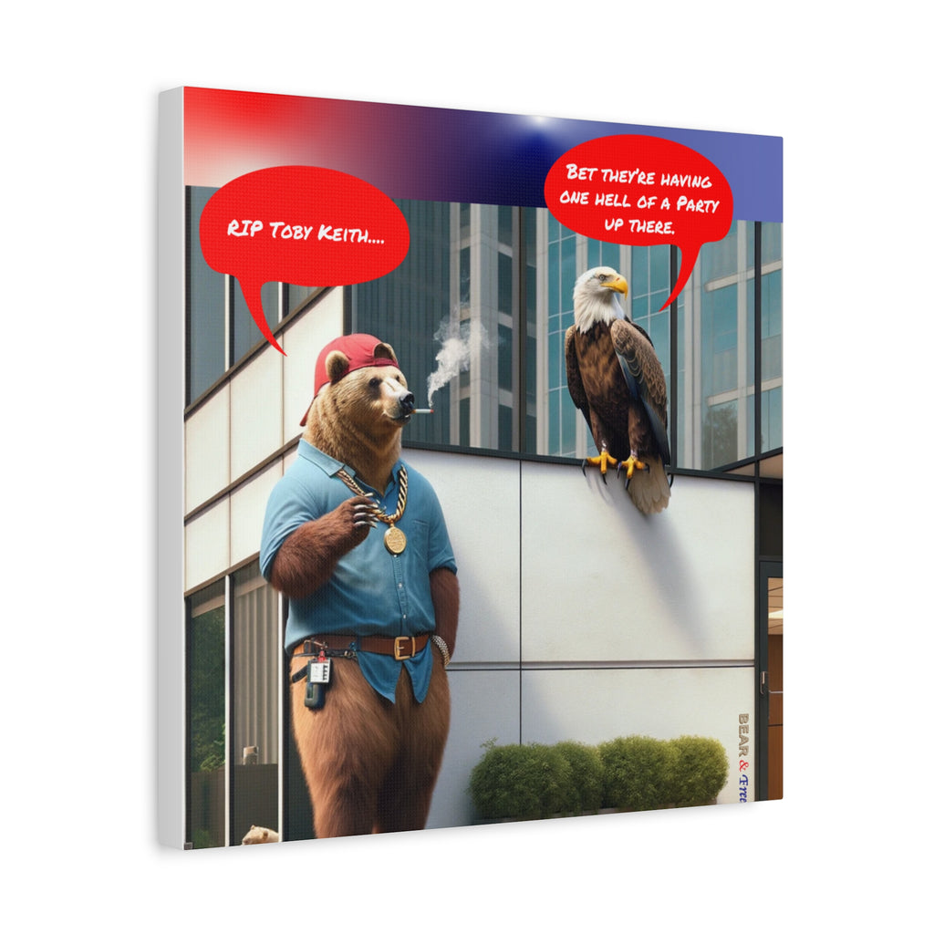 Canvas Wall Art — Humorous Bear & Eagle Comic Scene ('RIP Toby Keith... Bet they're having one hell of a party up there')