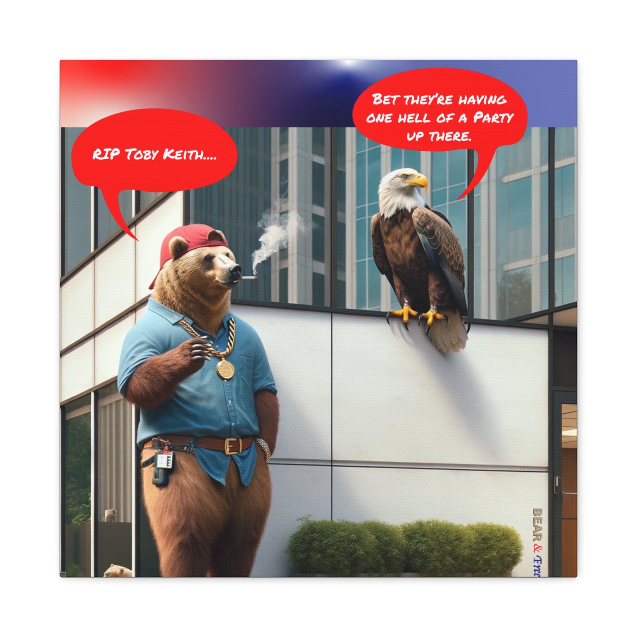 Canvas Wall Art — Humorous Bear & Eagle Comic Scene ('RIP Toby Keith... Bet they're having one hell of a party up there')