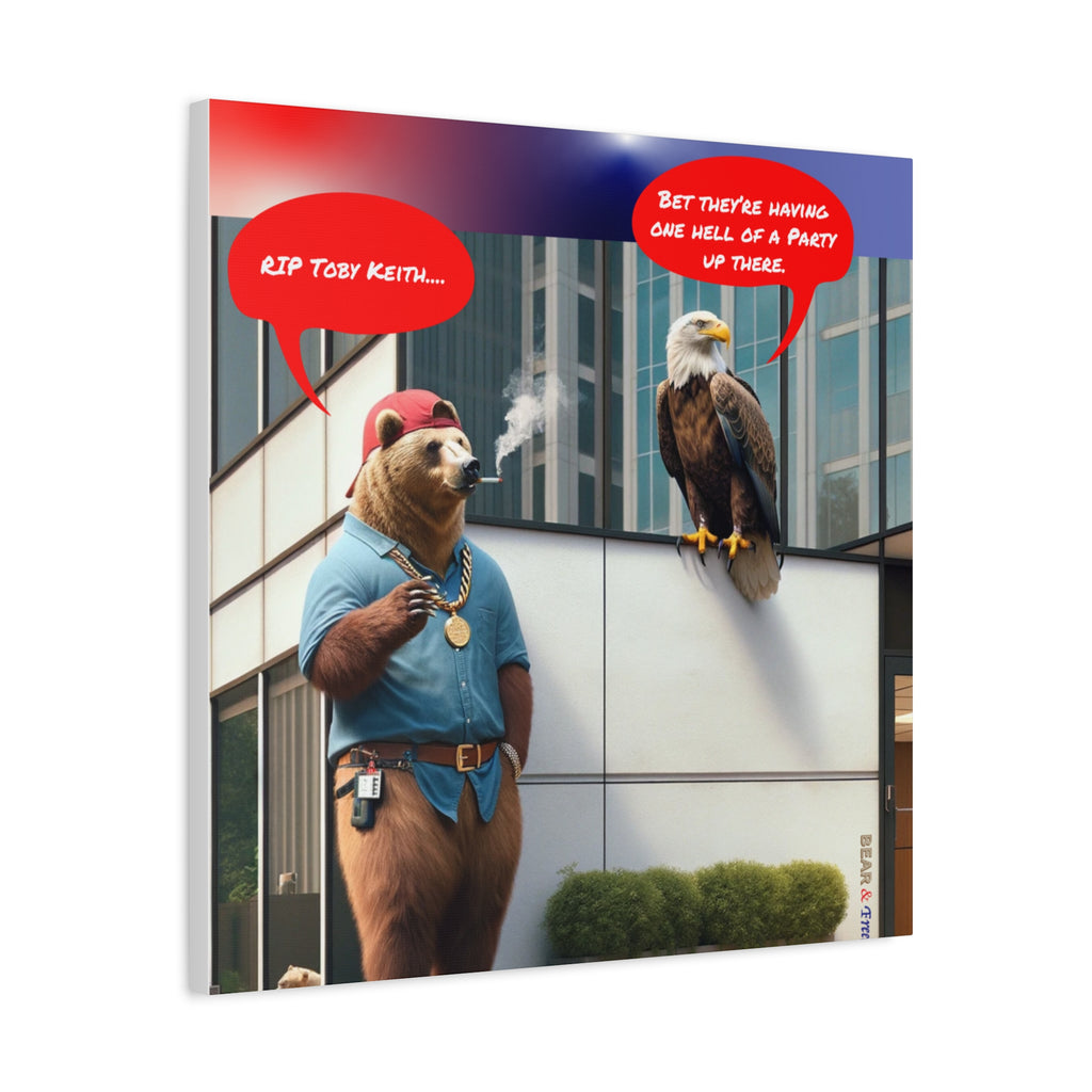 Canvas Wall Art — Humorous Bear & Eagle Comic Scene ('RIP Toby Keith... Bet they're having one hell of a party up there')