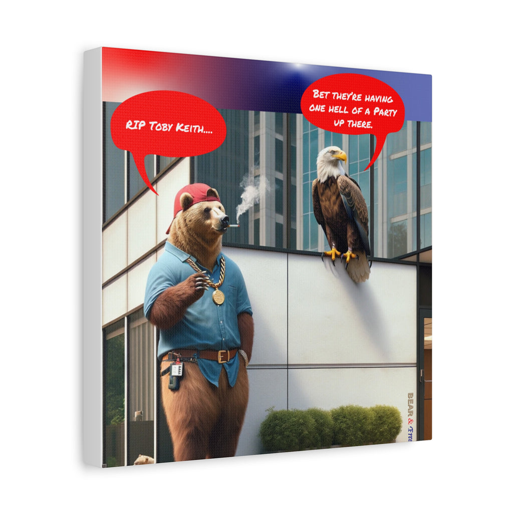 Canvas Wall Art — Humorous Bear & Eagle Comic Scene ('RIP Toby Keith... Bet they're having one hell of a party up there')